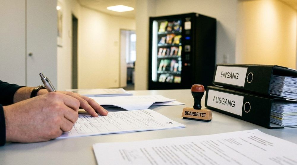 Betreiber füllt Genehmigungsformulare für die Automatenaufstellung aus, Snackautomat im Hintergrund