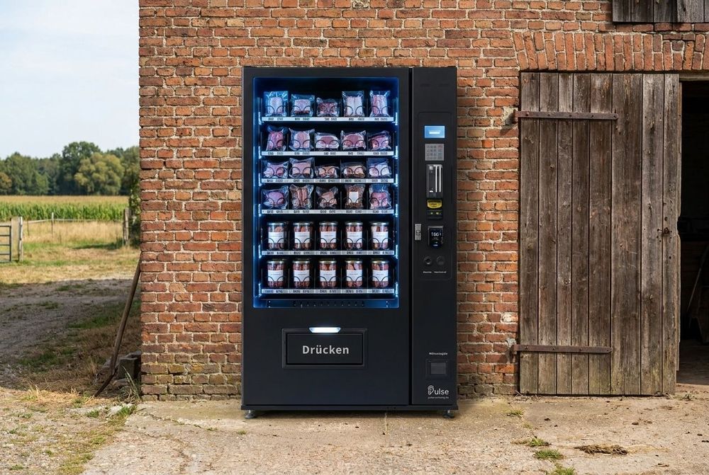 Fleischautomat mit gekuehlten Fleischpaketen und Wurstglaesern an der Backsteinwand eines Bauernhofs