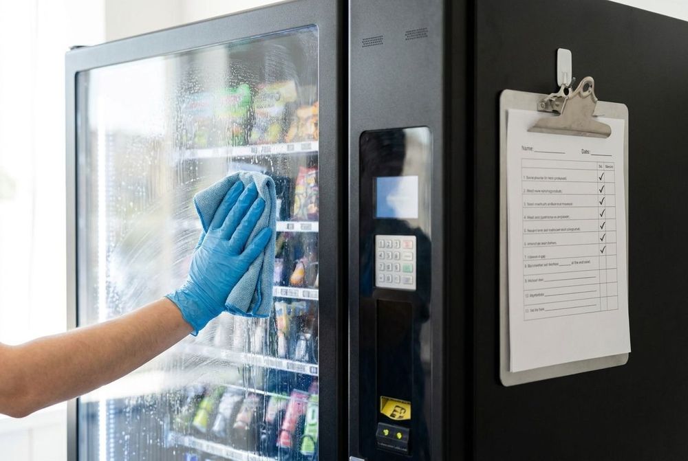 Hand mit Einweghandschuh reinigt die Glasfront eines Lebensmittelautomaten, daneben eine Checkliste