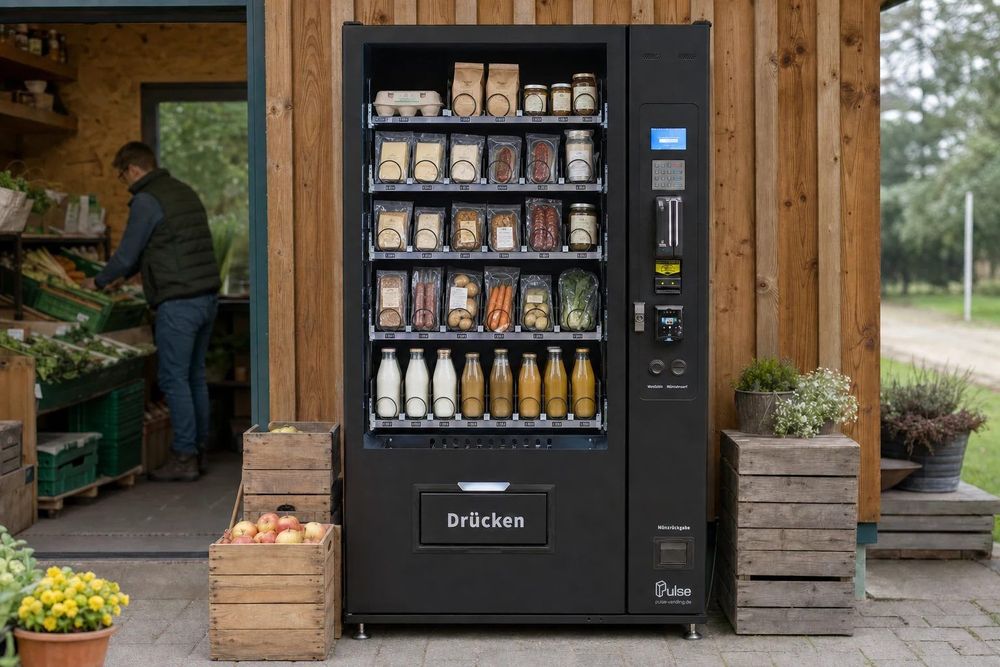 Pulse PV1100 Warenautomat mit Hofladen-Sortiment an einer Hofladen-Fassade