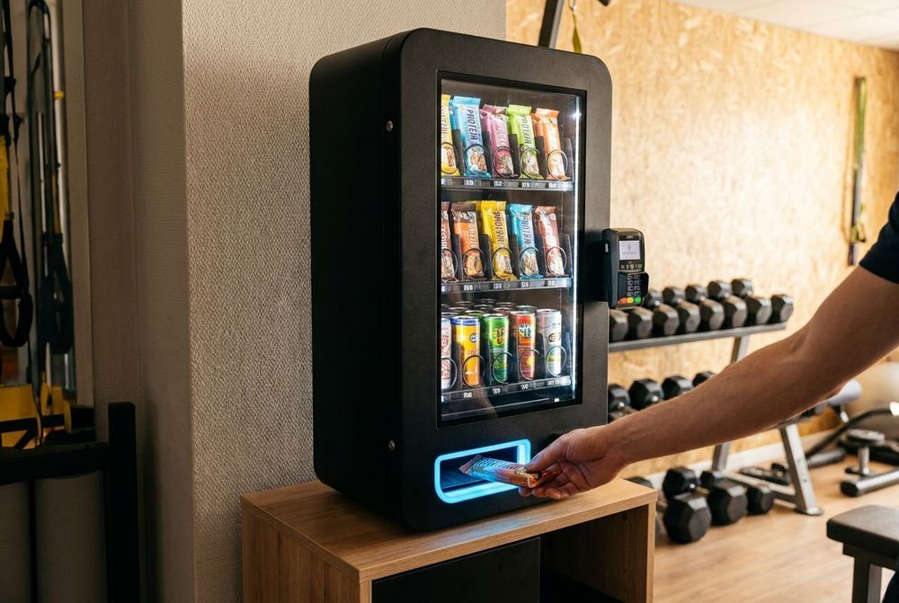 Kompakter Mini-Snackautomat mit Proteinriegeln im Fitnessstudio, Hand entnimmt einen Riegel