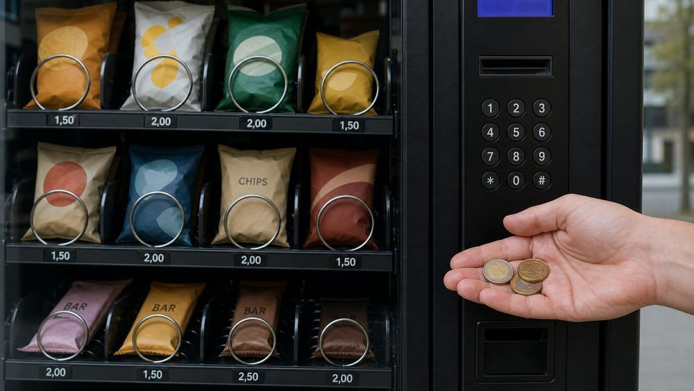 Snackautomat mit Preisschildern an den Fächern, eine Hand hält Euro-Münzen vor dem Tastenfeld