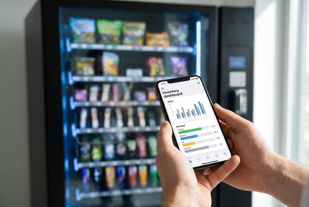Betreiber prueft Bestaende und Umsaetze seines Snackautomaten per Telemetrie-App auf dem Smartphone