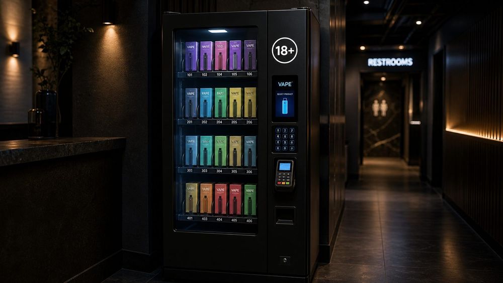 Kompakter Vape-Automat mit 18-plus-Kennzeichnung und Kartenterminal im Flur einer Bar