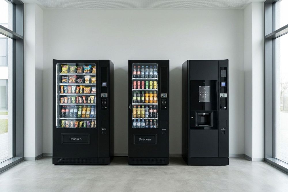Snackautomat, Getränkeautomat und Kaffeeautomat nebeneinander in einem hellen Foyer
